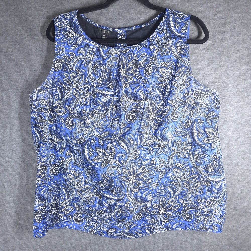 Talbots Womens 14W Blue Paisley Sleeveless Cotton Blouse Back Button Plus Size